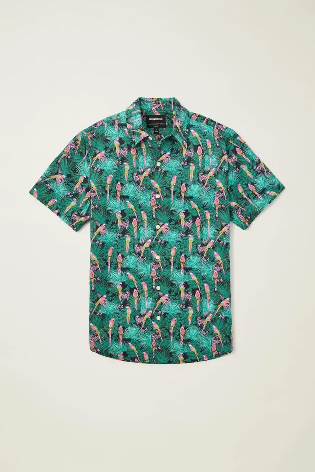 Men Casual Shirts Bonobos Riviera Short Sleeve Shirt Black Parrot Paradise