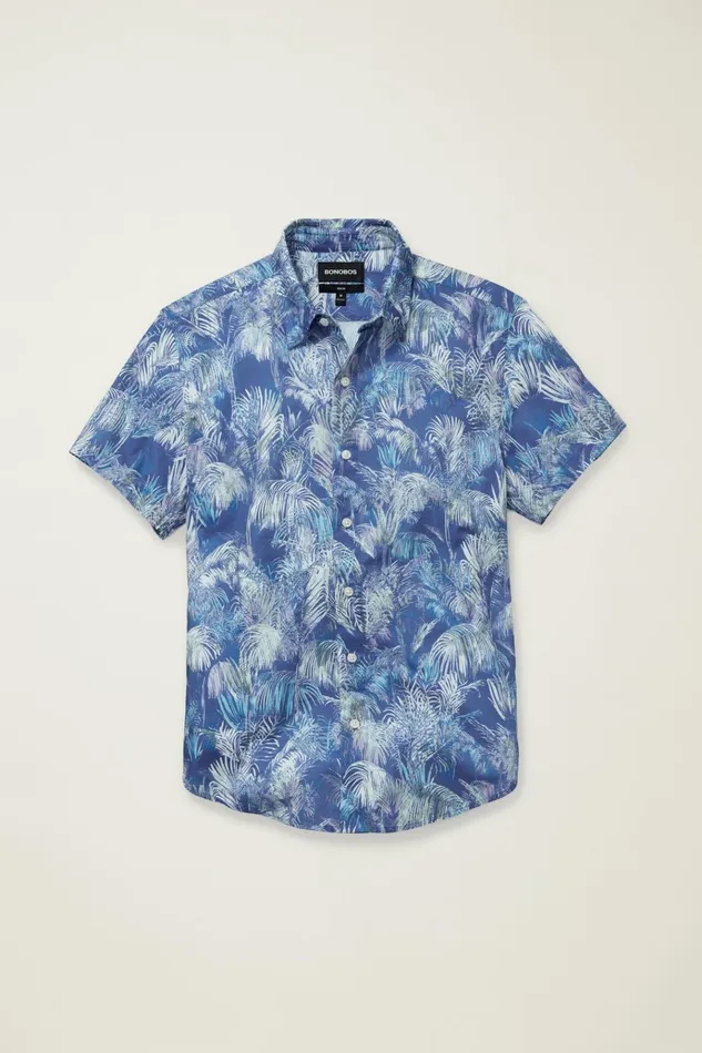 Men Casual Shirts Bonobos Riviera Short Sleeve Shirt Blue Abstract Palms
