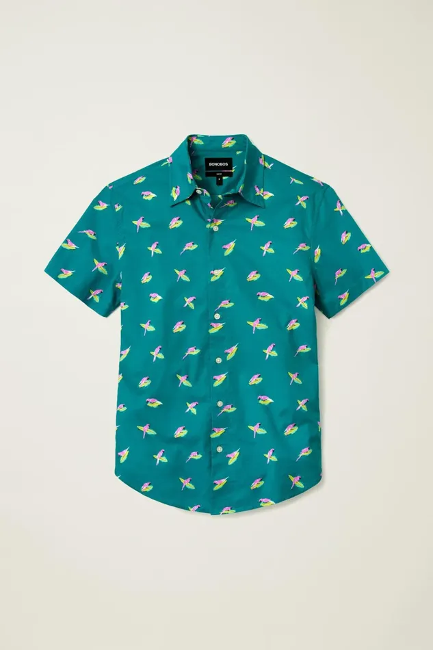 Men Casual Shirts Bonobos Riviera Short Sleeve Shirt Blue And Pink Surfing Parakeets
