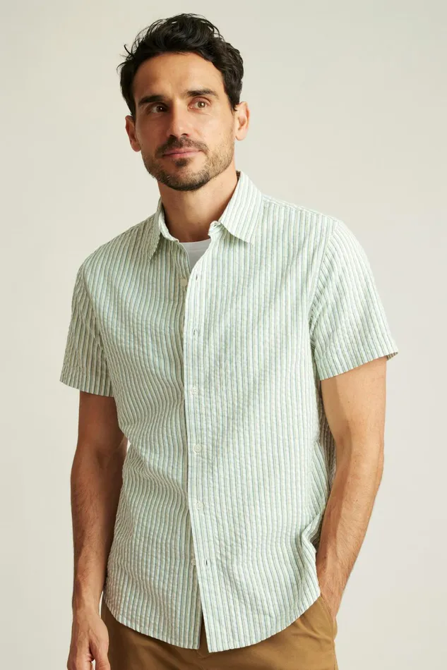 Men Casual Shirts Bonobos Riviera Short Sleeve Shirt Blue Green Stripe