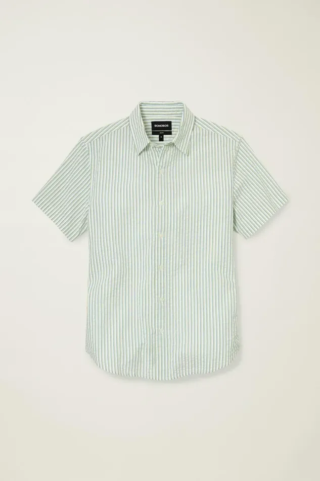 Men Casual Shirts Bonobos Riviera Short Sleeve Shirt Blue Green Stripe