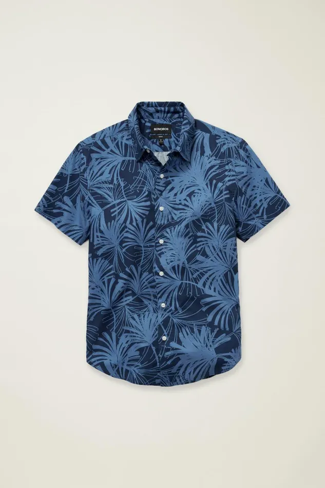 Men Casual Shirts Bonobos Riviera Short Sleeve Shirt Blue Palm Fronds