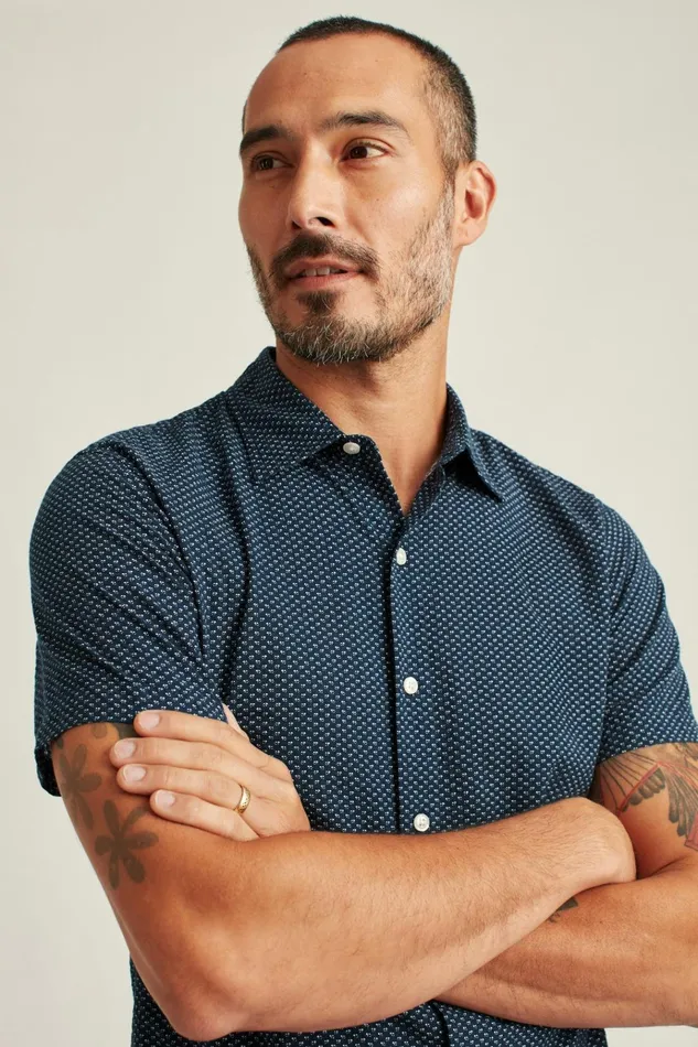 Men Casual Shirts Bonobos Riviera Short Sleeve Shirt Blue Seersucker Duane Flower