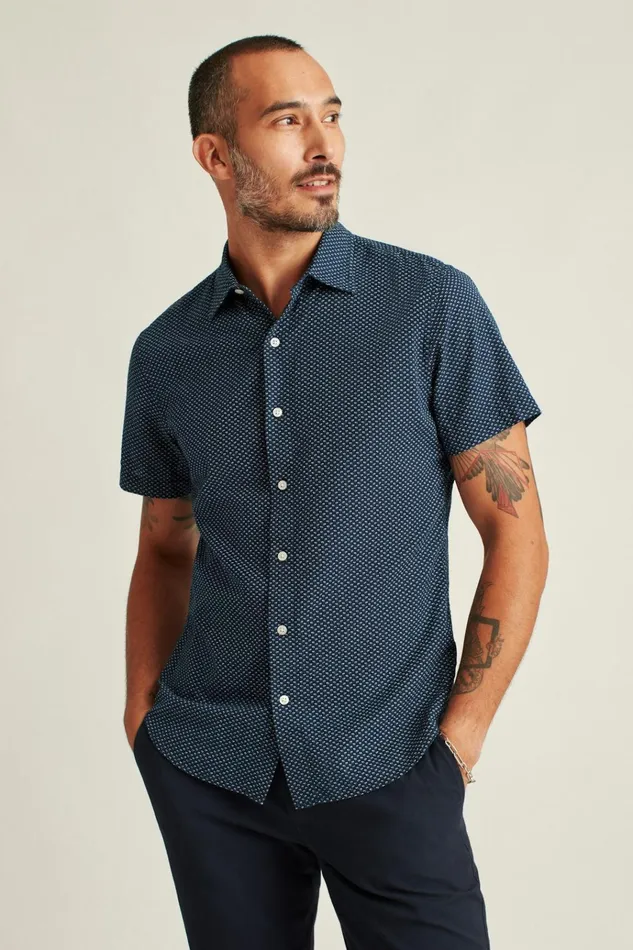 Men Casual Shirts Bonobos Riviera Short Sleeve Shirt Blue Seersucker Duane Flower
