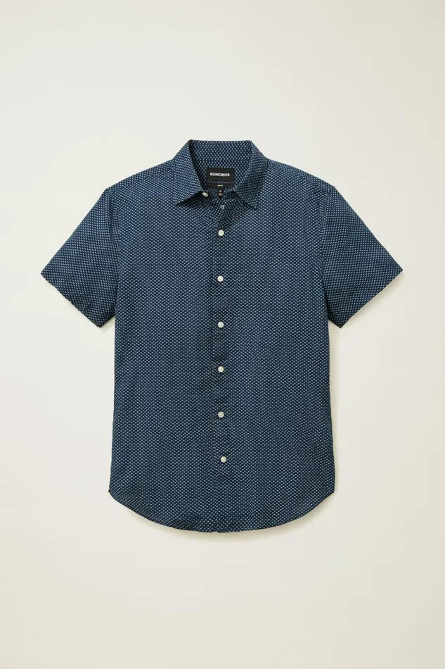 Men Casual Shirts Bonobos Riviera Short Sleeve Shirt Blue Seersucker Duane Flower