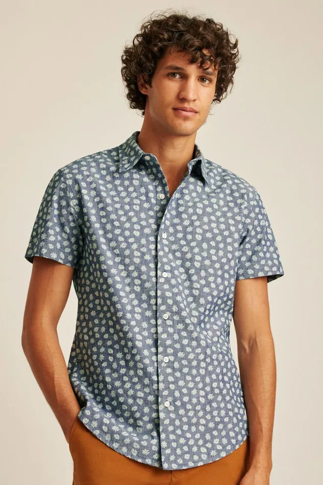 Men Casual Shirts Bonobos Riviera Short Sleeve Shirt Chambray Daisy Scatter