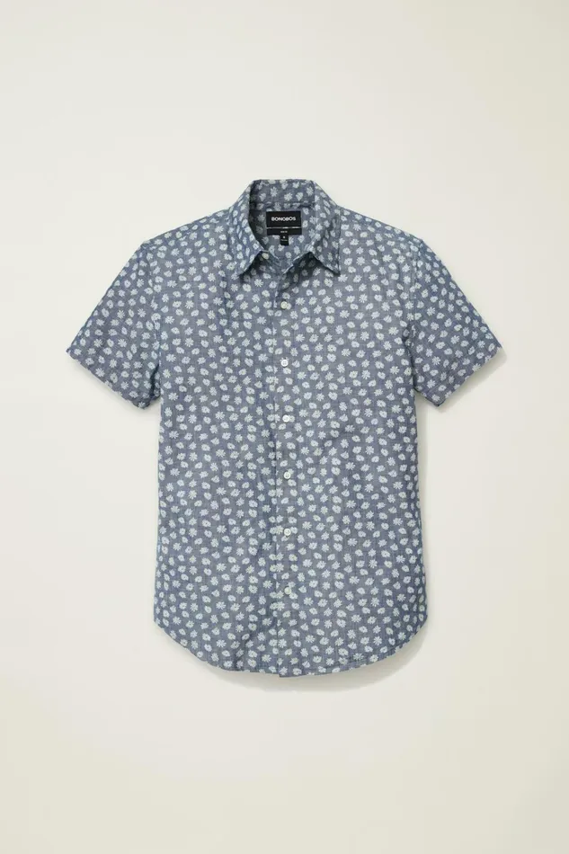 Men Casual Shirts Bonobos Riviera Short Sleeve Shirt Chambray Daisy Scatter