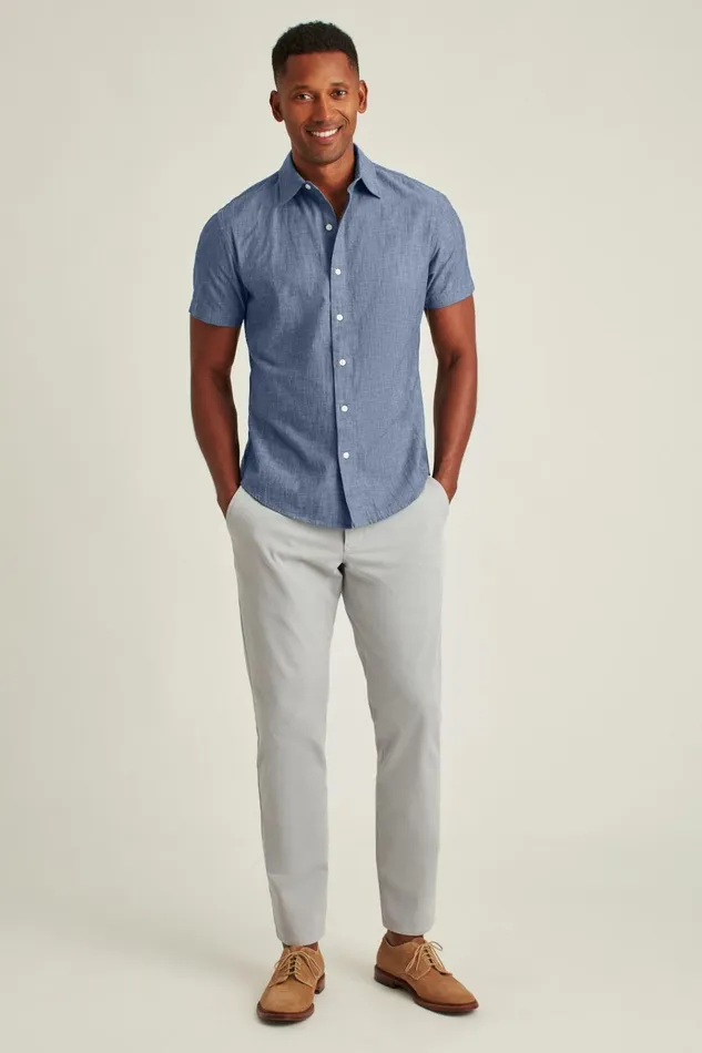 Men Casual Shirts Bonobos Riviera Short Sleeve Shirt Dark Wash Chambray