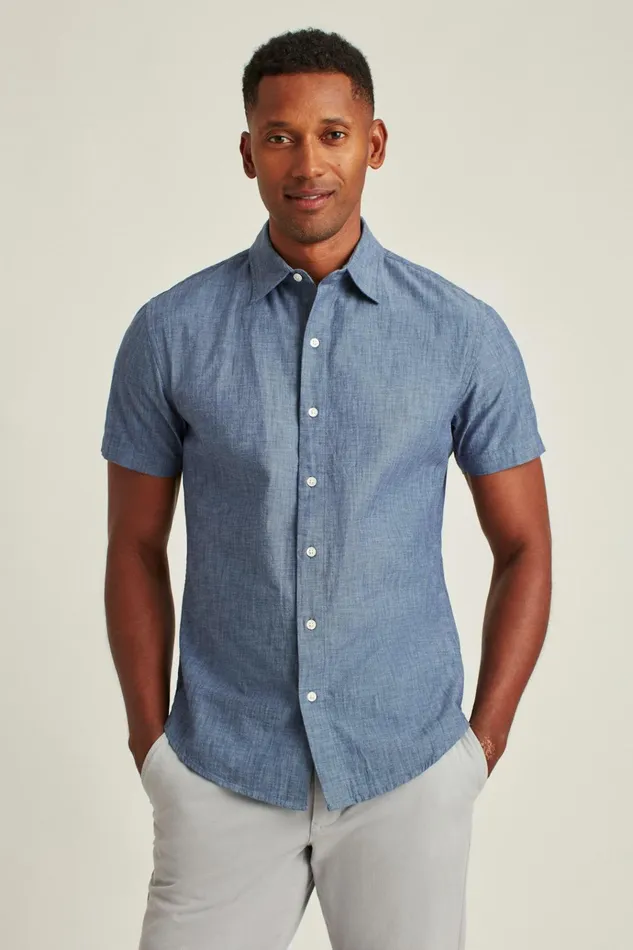 Men Casual Shirts Bonobos Riviera Short Sleeve Shirt Dark Wash Chambray
