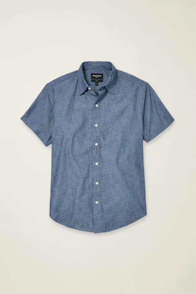 Men Casual Shirts Bonobos Riviera Short Sleeve Shirt Dark Wash Chambray