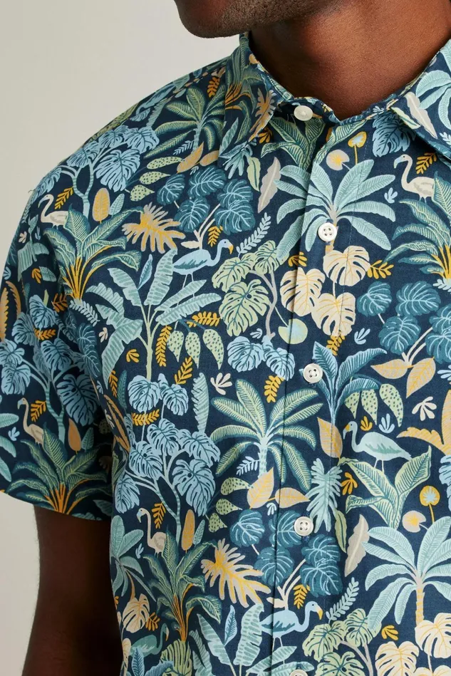 Men Casual Shirts Bonobos Riviera Short Sleeve Shirt Flamingo Jungle Blue