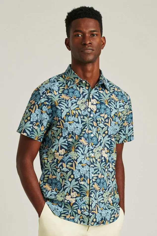 Men Casual Shirts Bonobos Riviera Short Sleeve Shirt Flamingo Jungle Blue