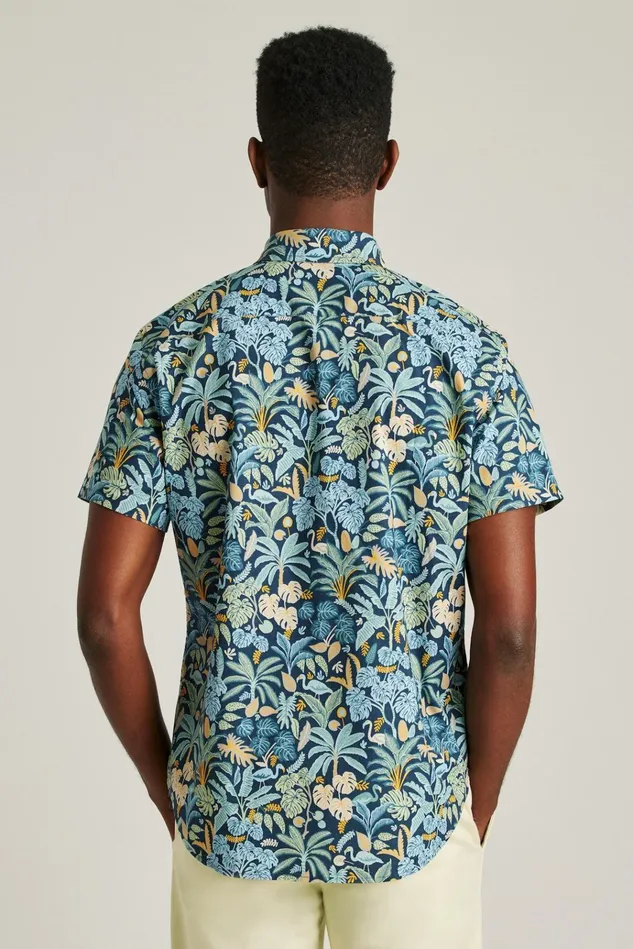 Men Casual Shirts Bonobos Riviera Short Sleeve Shirt Flamingo Jungle Blue