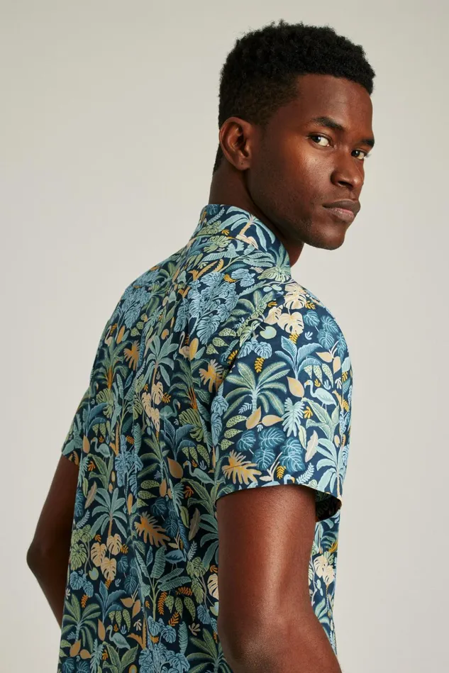 Men Casual Shirts Bonobos Riviera Short Sleeve Shirt Flamingo Jungle Blue