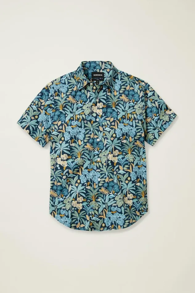 Men Casual Shirts Bonobos Riviera Short Sleeve Shirt Flamingo Jungle Blue