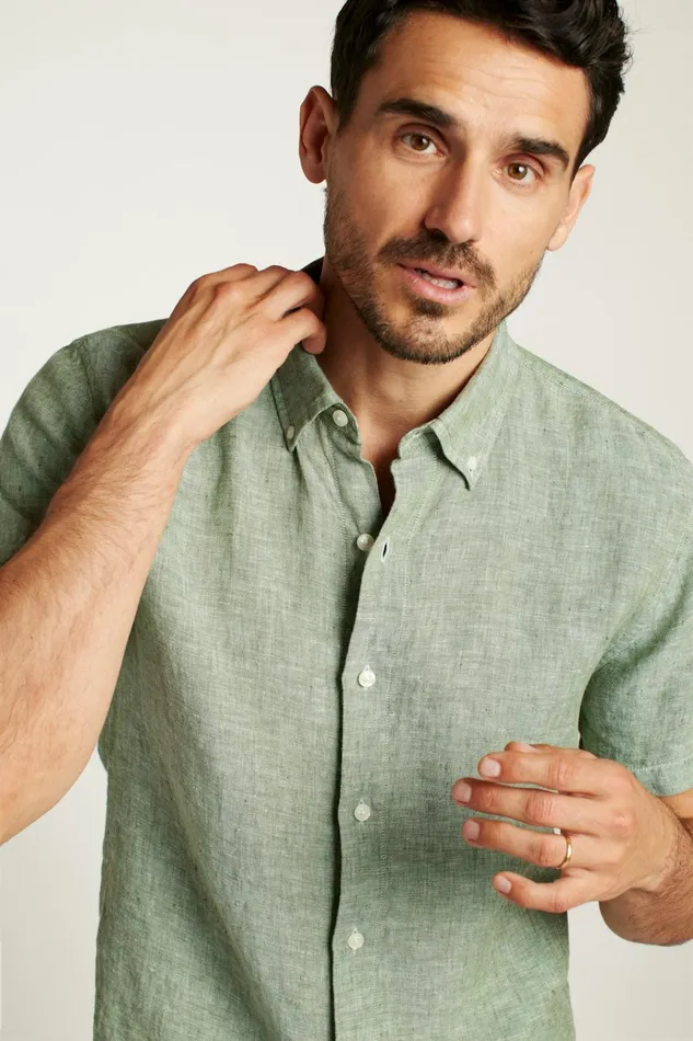 Men Casual Shirts Bonobos Riviera Short Sleeve Shirt Green Juice Linen