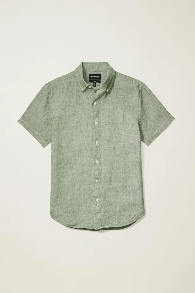 Men Casual Shirts Bonobos Riviera Short Sleeve Shirt Green Juice Linen