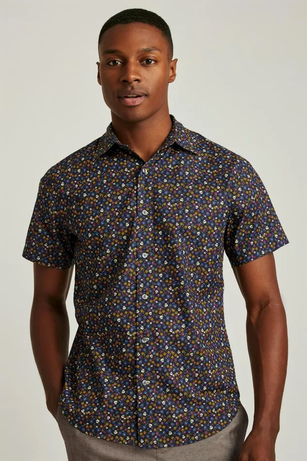 Men Casual Shirts Bonobos Riviera Short Sleeve Shirt Navy Autumn Micro Floral