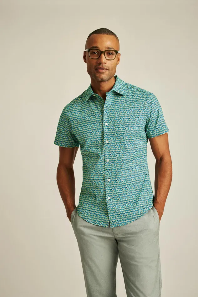 Men Casual Shirts Bonobos Riviera Short Sleeve Shirt Navy Coral Fields