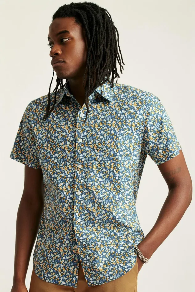 Men Casual Shirts Bonobos Riviera Short Sleeve Shirt Navy Painted Floral