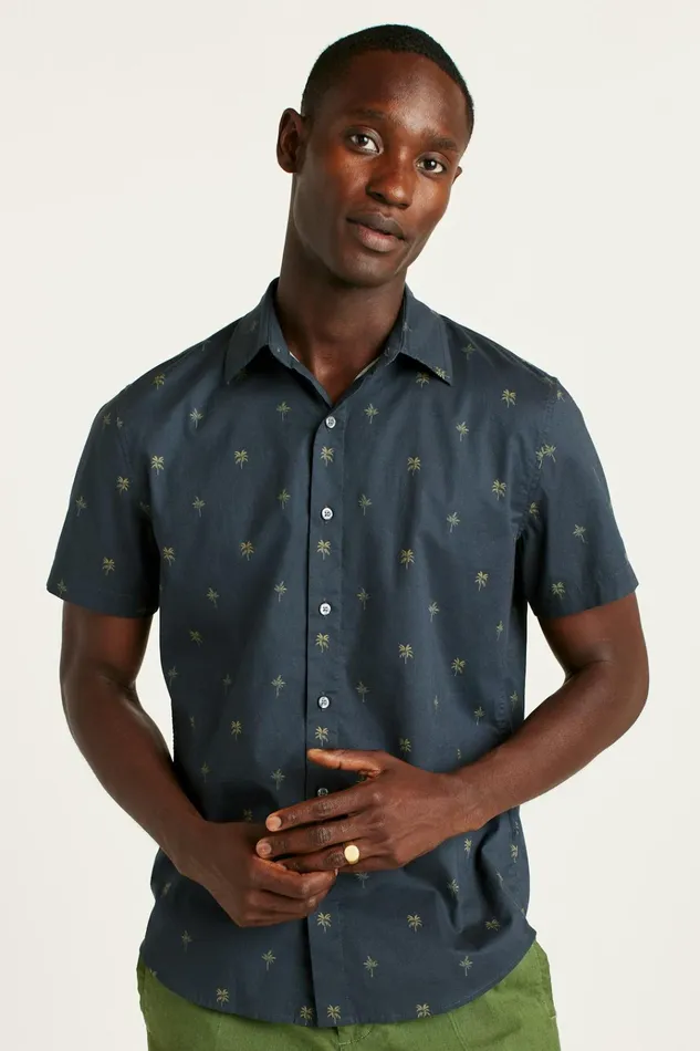 Men Casual Shirts Bonobos Riviera Short Sleeve Shirt Navy Palm Palooza
