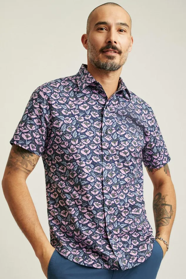 Men Casual Shirts Bonobos Riviera Short Sleeve Shirt Navy Pink Floral