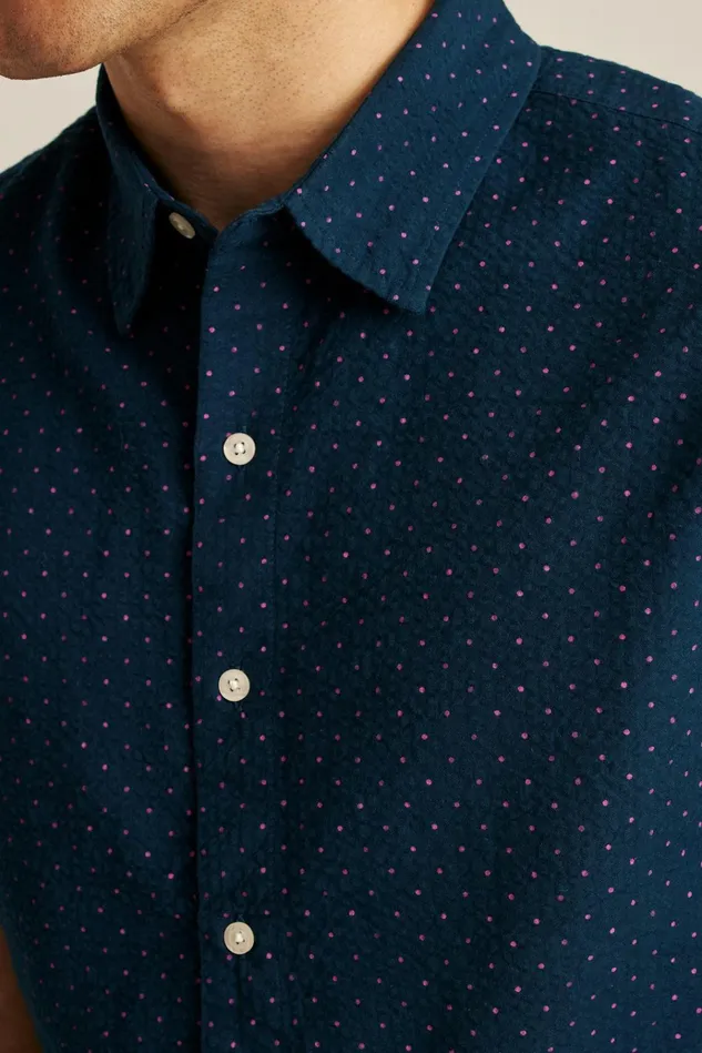 Men Casual Shirts Bonobos Riviera Short Sleeve Shirt Navy Pink Seersucker Dot
