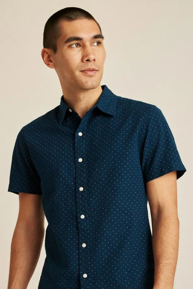 Men Casual Shirts Bonobos Riviera Short Sleeve Shirt Navy Pink Seersucker Dot