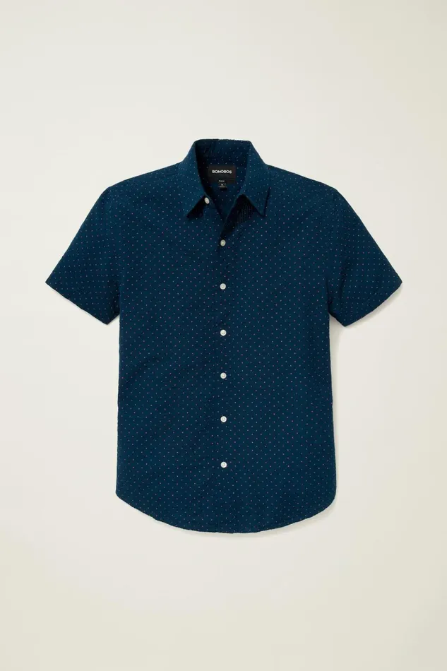Men Casual Shirts Bonobos Riviera Short Sleeve Shirt Navy Pink Seersucker Dot