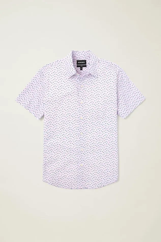Men Casual Shirts Bonobos Riviera Short Sleeve Shirt Purple Micro Flamingo
