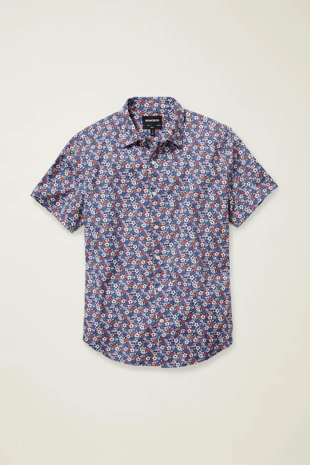 Men Casual Shirts Bonobos Riviera Short Sleeve Shirt Red And Blue Floral Collage