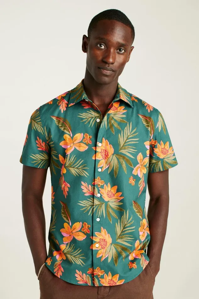 Men Casual Shirts Bonobos Riviera Short Sleeve Shirt Teal Sunset Floral