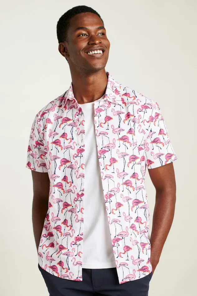 Men Casual Shirts Bonobos Riviera Short Sleeve Shirt White Flamingo Phil