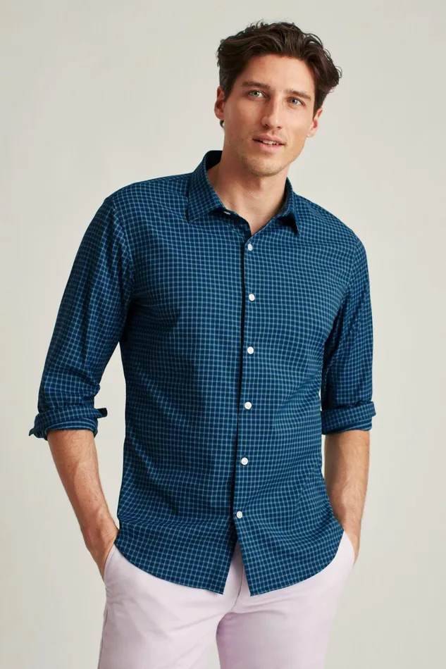 Men Casual Shirts Bonobos Tech Button Down Shirt Blue Starboard Check