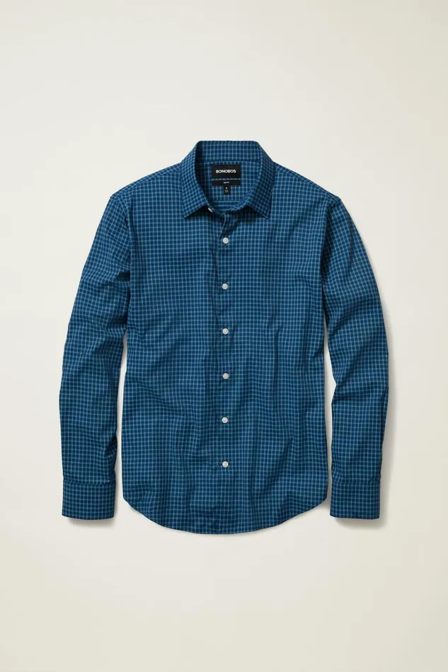 Men Casual Shirts Bonobos Tech Button Down Shirt Blue Starboard Check