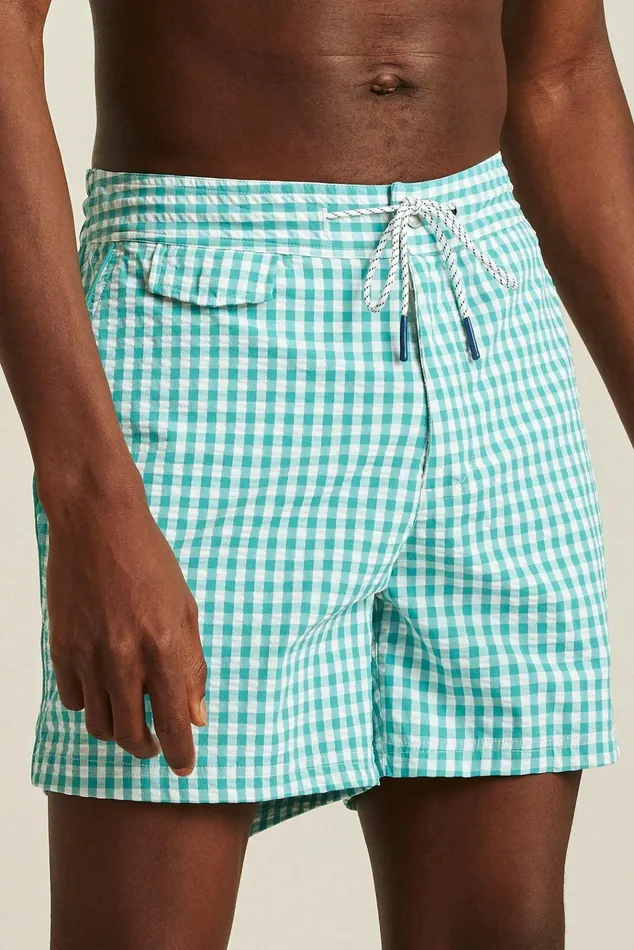 Men Casual Shorts Bonobos Boardwalk Swim Short Teal And White Gingham