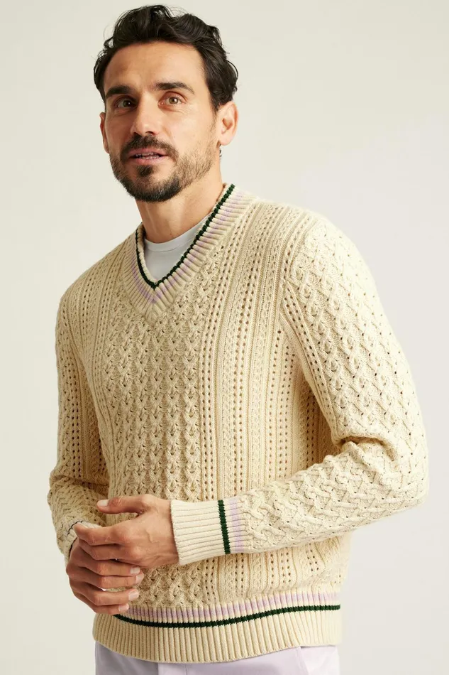 Men Crew and VNeck Sweaters Bonobos Cotton Cashmere Cricket Sweater Forest Green And Cream