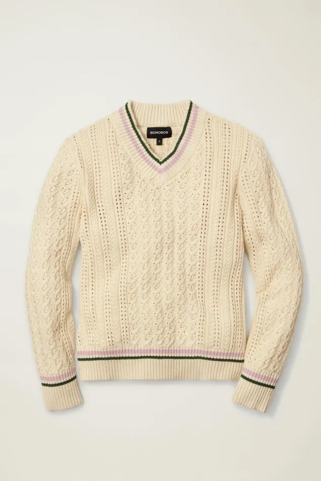 Men Crew and VNeck Sweaters Bonobos Cotton Cashmere Cricket Sweater Forest Green And Cream