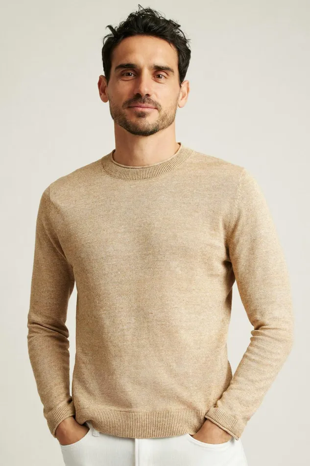 Men Crew and VNeck Sweaters Bonobos Italian Linen Roll Neck Sweater Ivory Marl