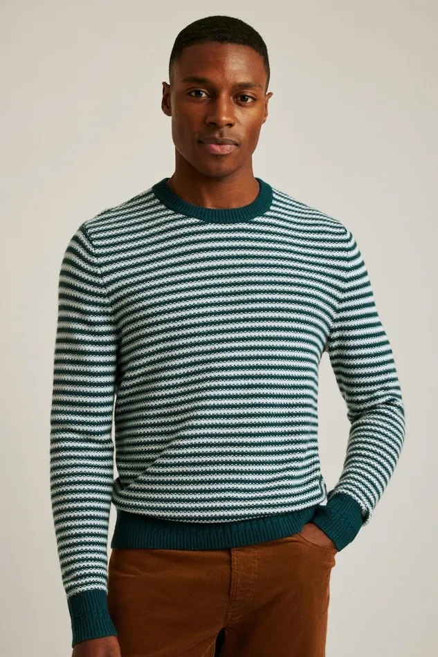Men Crew and VNeck Sweaters Bonobos Midweight Stripe Stitch Crew Neck Sweater Blue Ice Yarn Dye Stripe