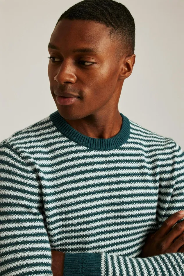 Men Crew and VNeck Sweaters Bonobos Midweight Stripe Stitch Crew Neck Sweater Blue Ice Yarn Dye Stripe