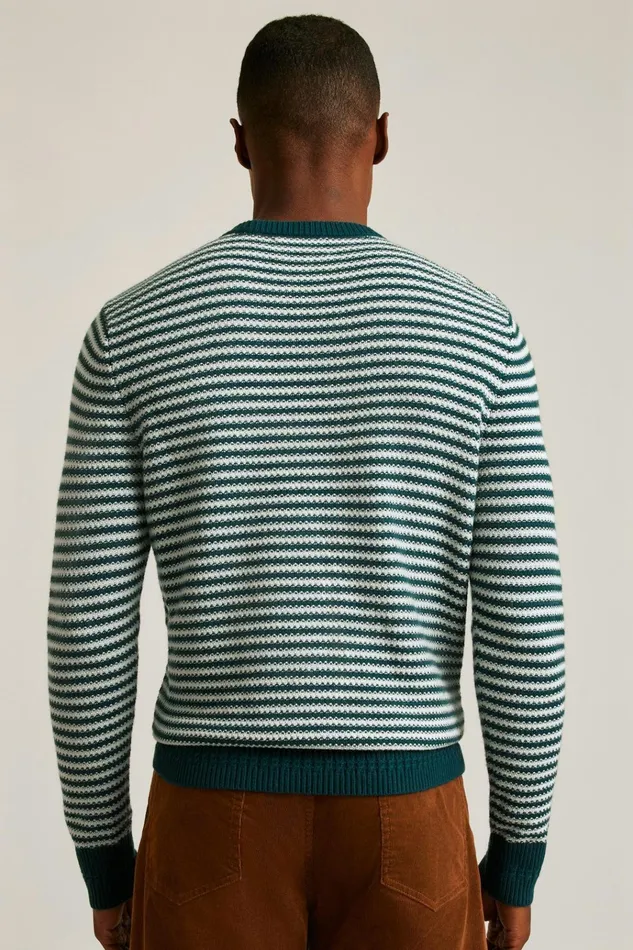 Men Crew and VNeck Sweaters Bonobos Midweight Stripe Stitch Crew Neck Sweater Blue Ice Yarn Dye Stripe