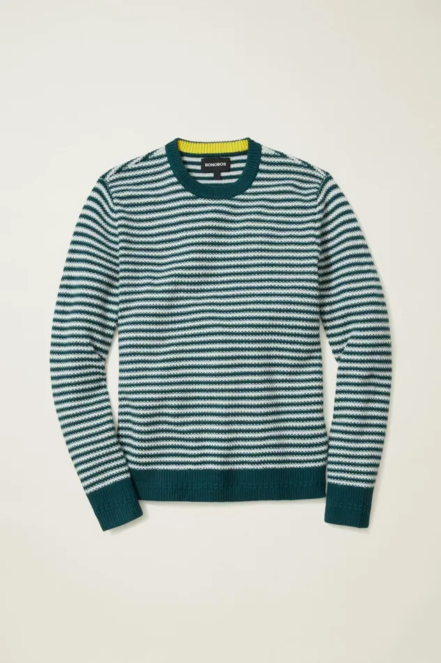 Men Crew and VNeck Sweaters Bonobos Midweight Stripe Stitch Crew Neck Sweater Blue Ice Yarn Dye Stripe