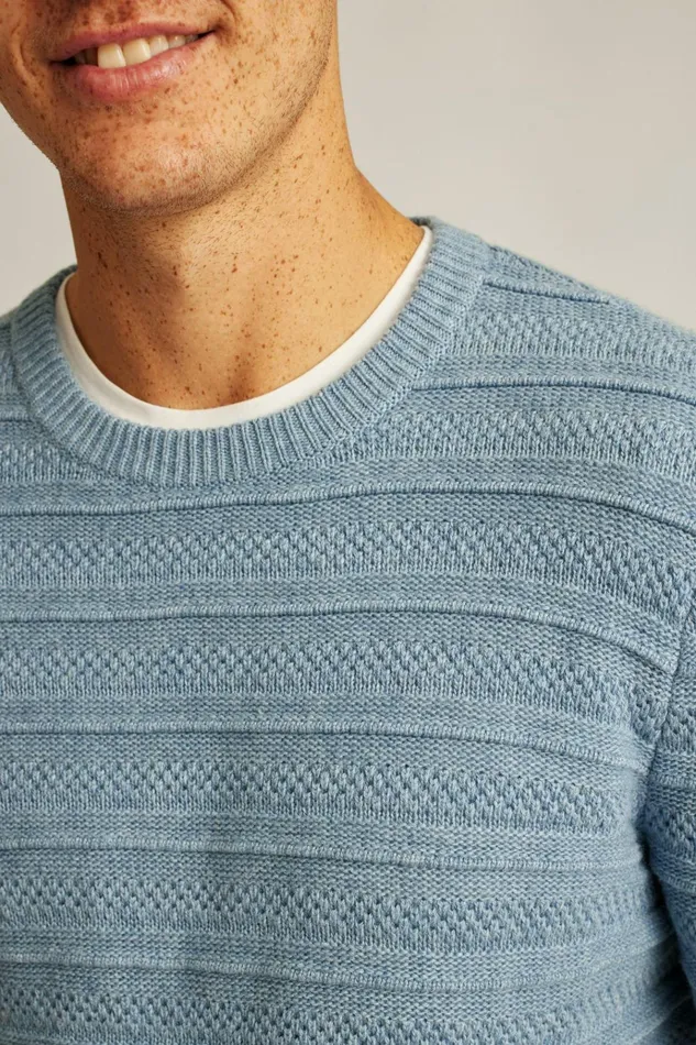 Men Crew and VNeck Sweaters Bonobos Midweight Texture Stitch Crew Neck Sweater Cerulean Blue Stripe