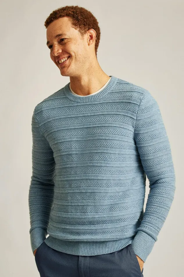 Men Crew and VNeck Sweaters Bonobos Midweight Texture Stitch Crew Neck Sweater Cerulean Blue Stripe