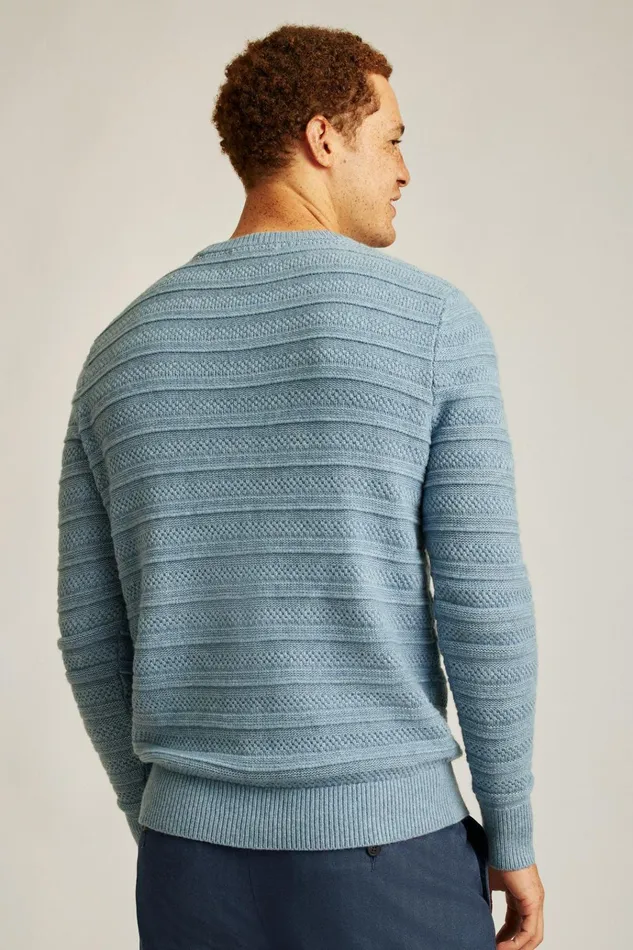 Men Crew and VNeck Sweaters Bonobos Midweight Texture Stitch Crew Neck Sweater Cerulean Blue Stripe