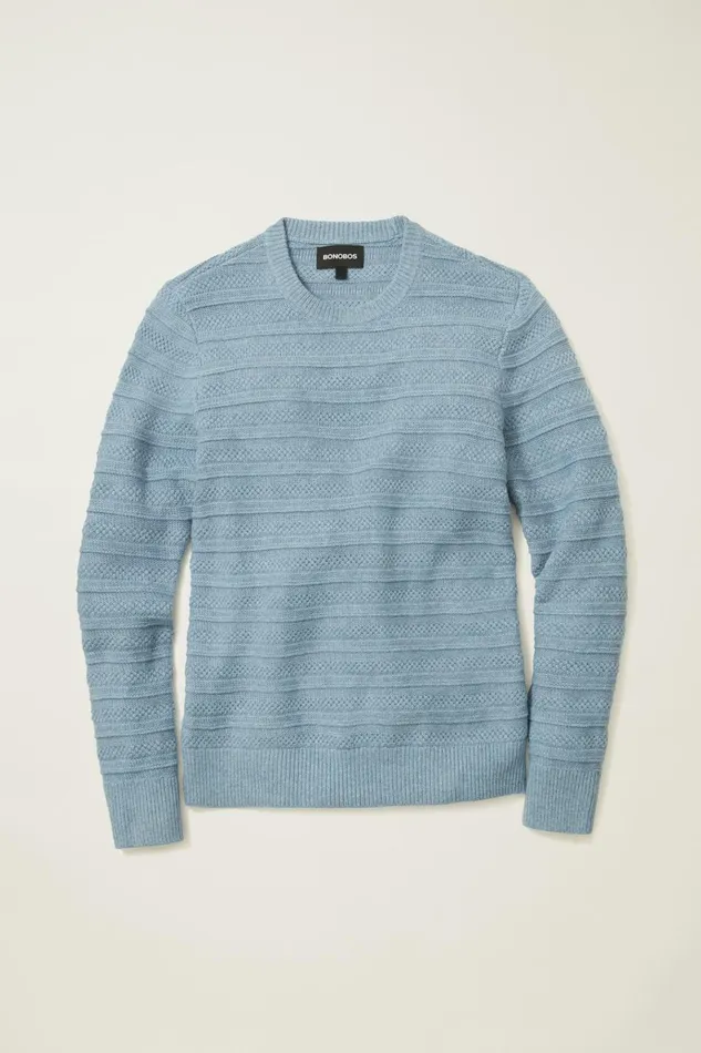 Men Crew and VNeck Sweaters Bonobos Midweight Texture Stitch Crew Neck Sweater Cerulean Blue Stripe
