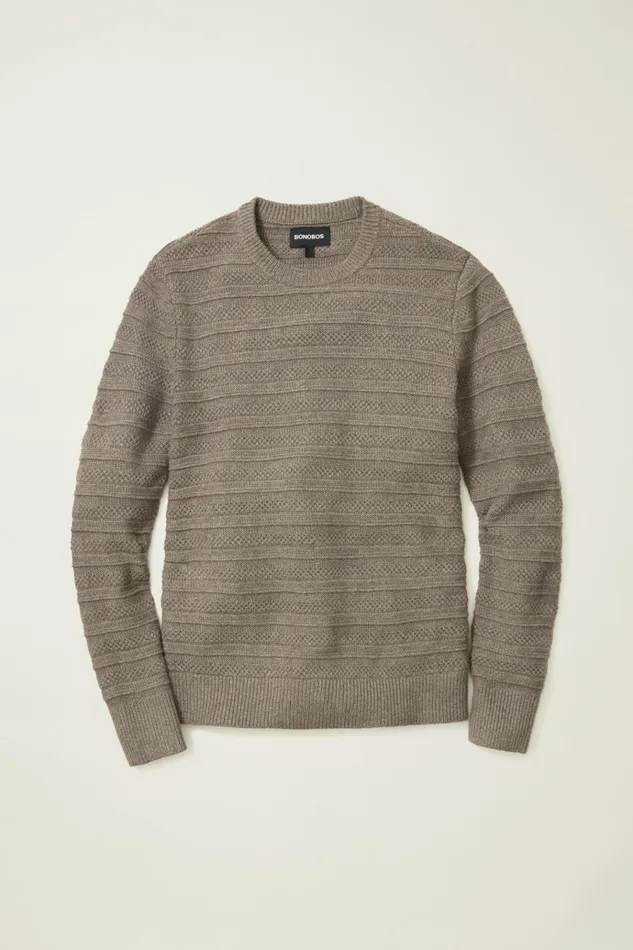 Men Crew and VNeck Sweaters Bonobos Midweight Texture Stitch Crew Neck Sweater Mink Stripe