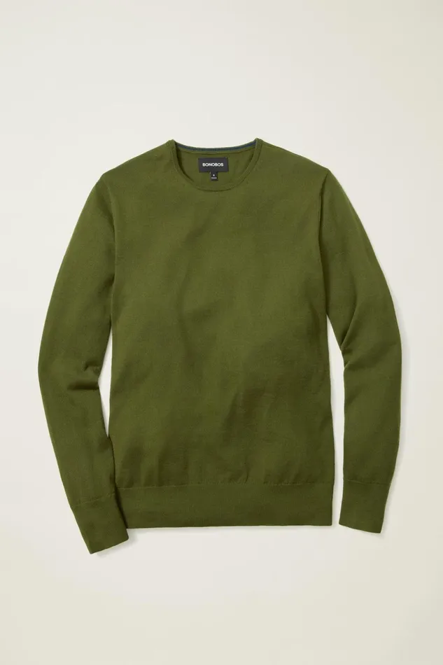 Men Crew and VNeck Sweaters Bonobos Washable Merino Crew Neck Sweater Olive