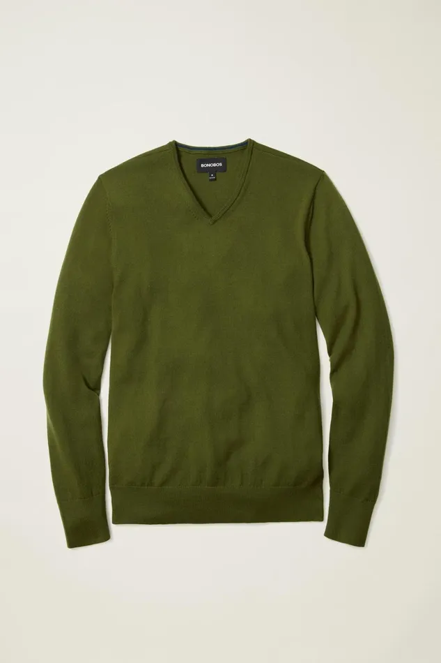 Men Crew and VNeck Sweaters Bonobos Washable Merino VNeck Sweater Olive